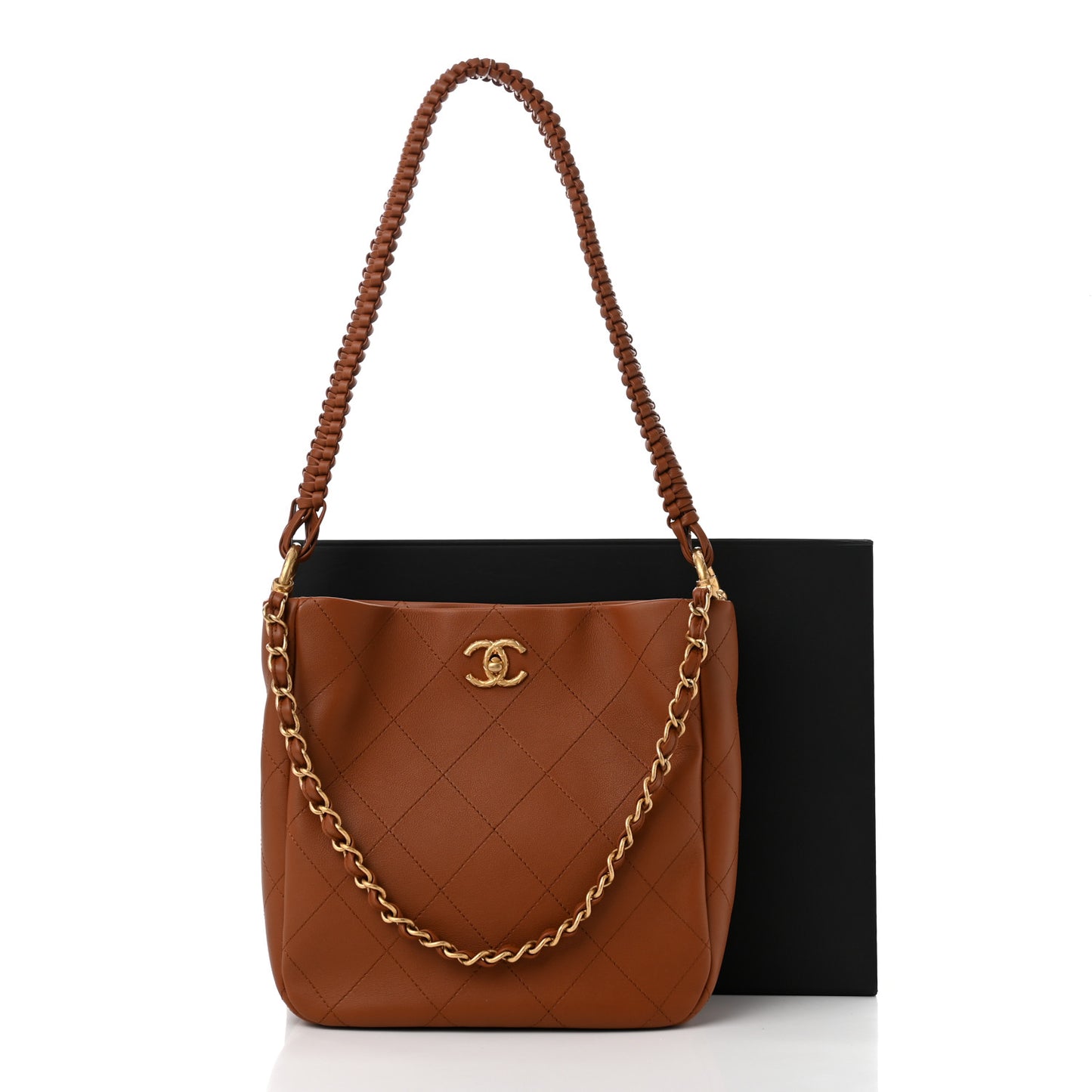 Calfskin Quilted Braided Handle Chain Hobo Brown