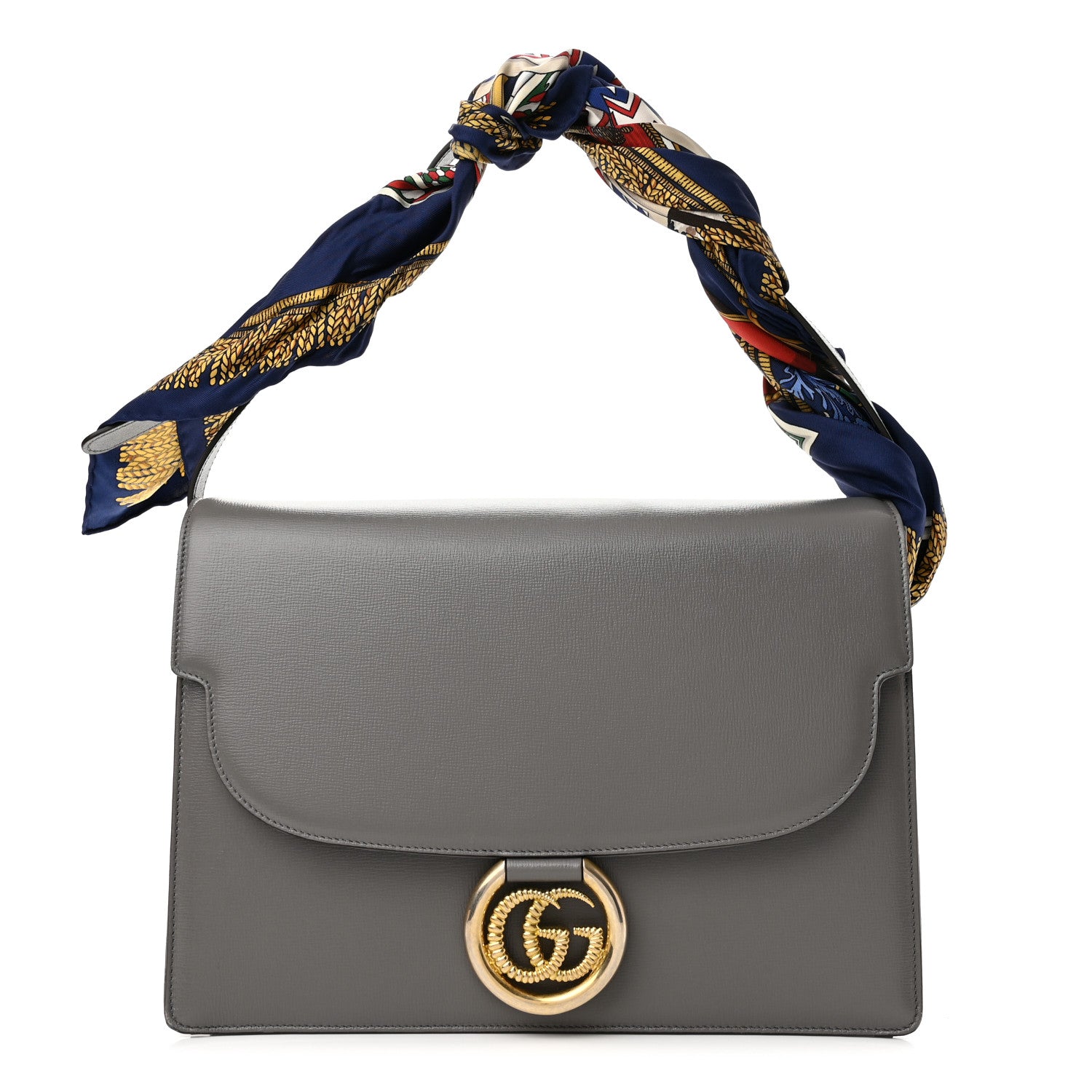Gucci Textured Calfskin Silk Scarf Medium Torchon GG Ring Shoulder Bag Grey 1 of 10