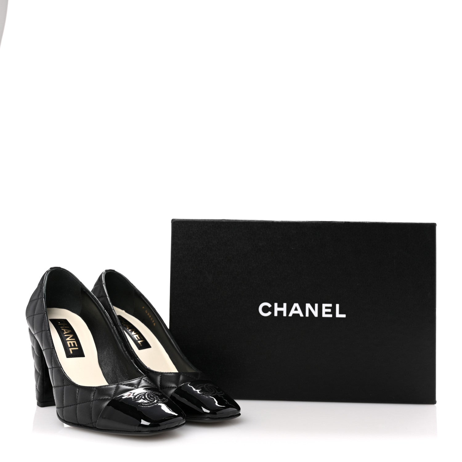 Chanel Lambskin Patent Quilted CC Cap Toe Pumps 38 Black 11 of 11