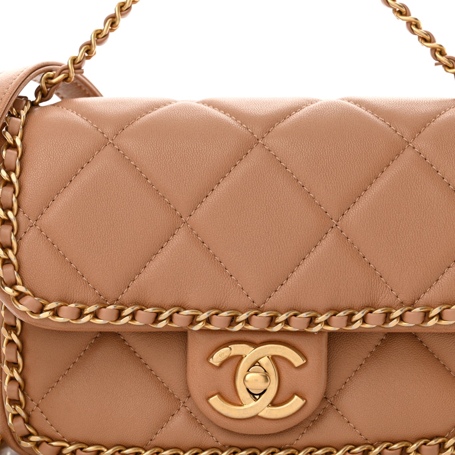 Lambskin Chain Around Top Handle Flap Dark Beige