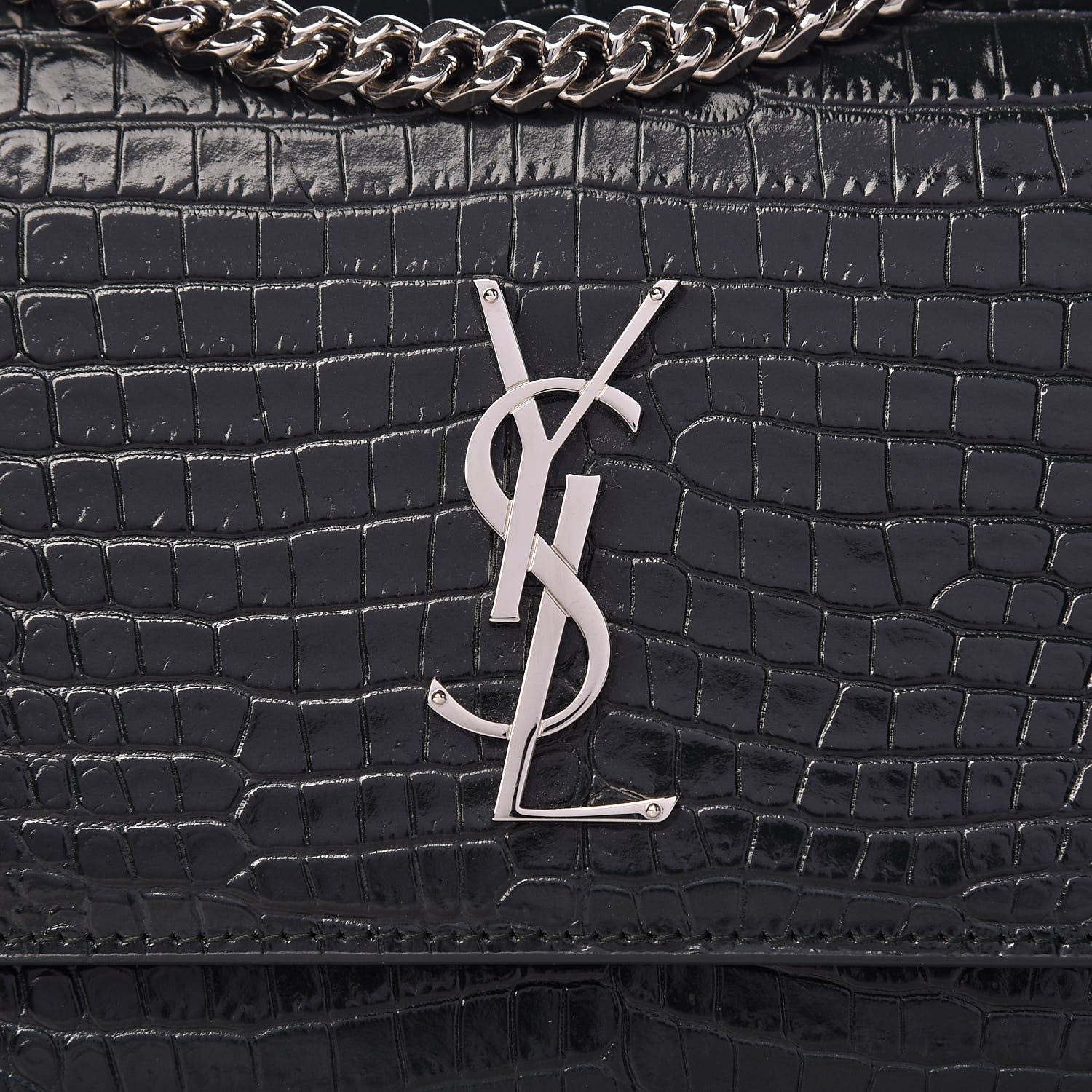Saint Laurent Calfskin Crocodile Embossed Medium Monogram Sunset Dark Green 8 of 10