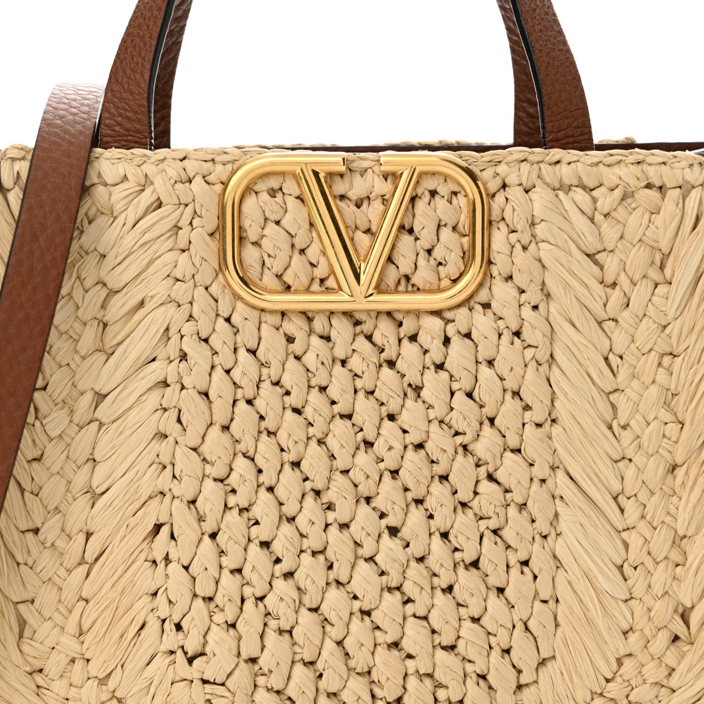 Raffia Calfskin Small Vlogo Signature Tote Natural Saddle Brown