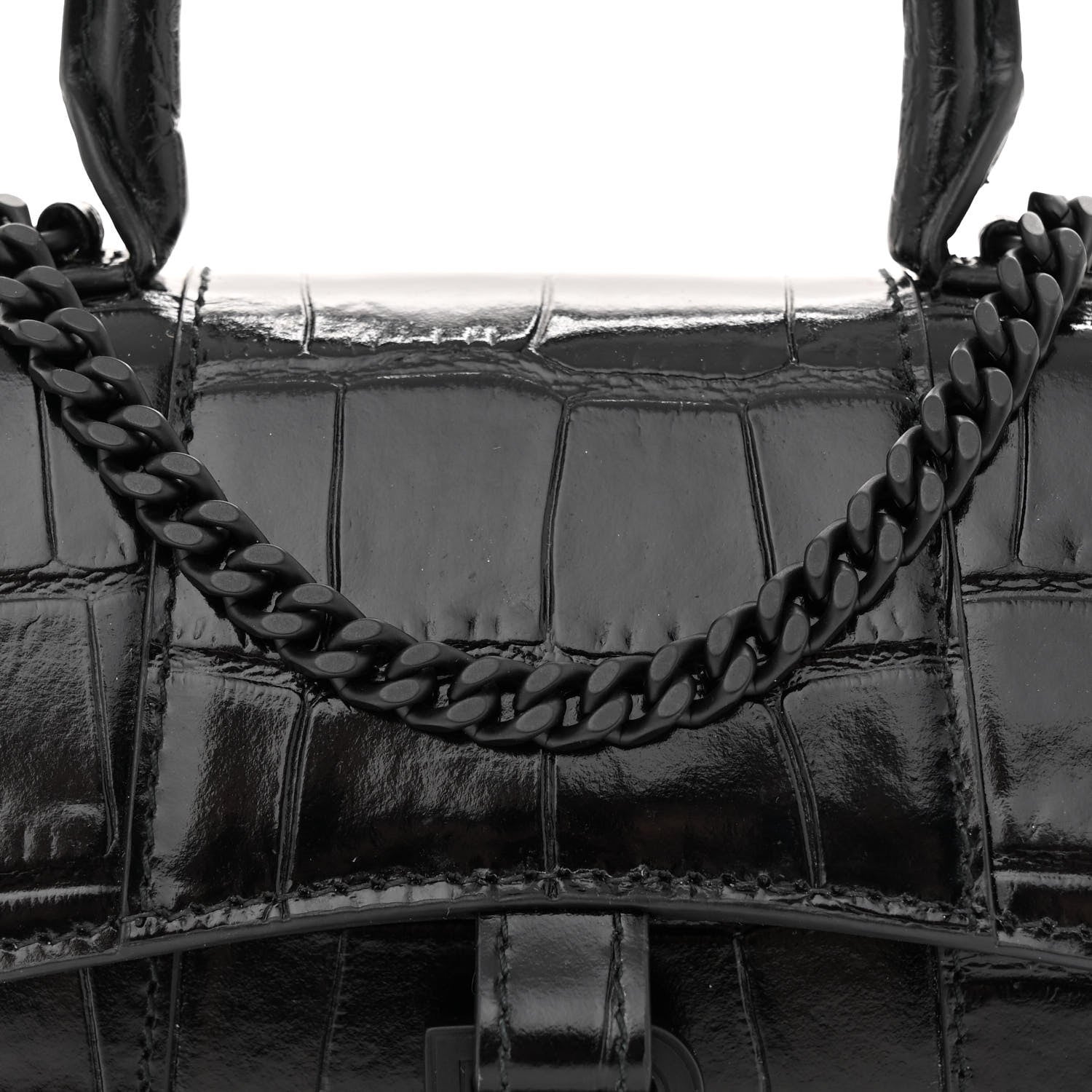 Balenciaga Shiny Calfskin Monochrome Crocodile Embossed Hourglass Top Handle Bag Mini with Chain Black 7 of 9