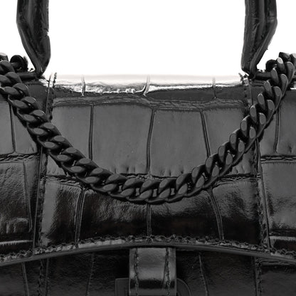 Balenciaga Shiny Calfskin Monochrome Crocodile Embossed Hourglass Top Handle Bag Mini with Chain Black 7 of 9