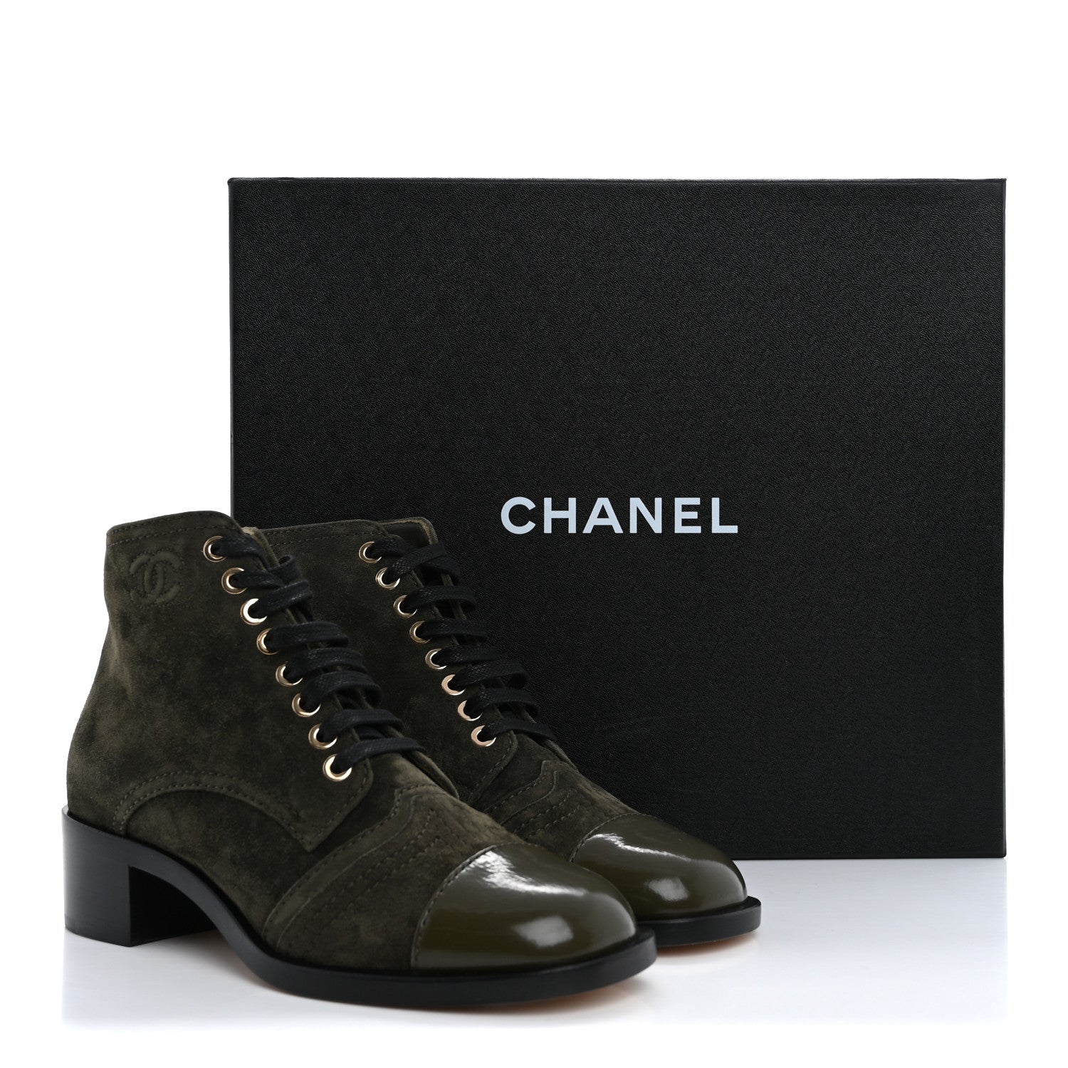 Chanel Suede Patent Cap Toe CC Boots 35.5 Khaki 10 of 10