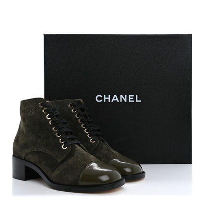Chanel Suede Patent Cap Toe CC Boots 35.5 Khaki 10 of 10