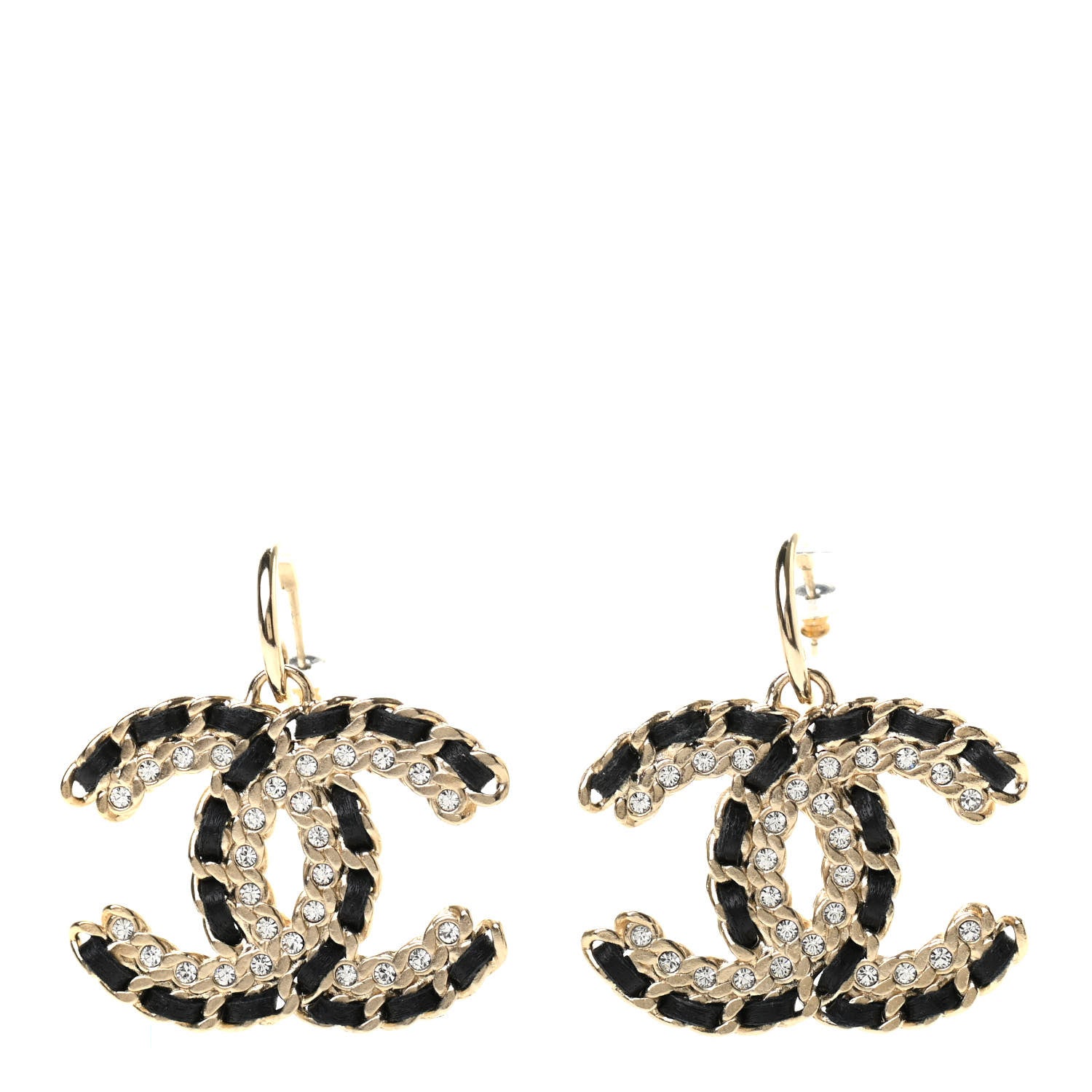 Chanel Crystal Lambskin Chain CC Vintage Allure Stud Earrings Black Gold 1 of 4