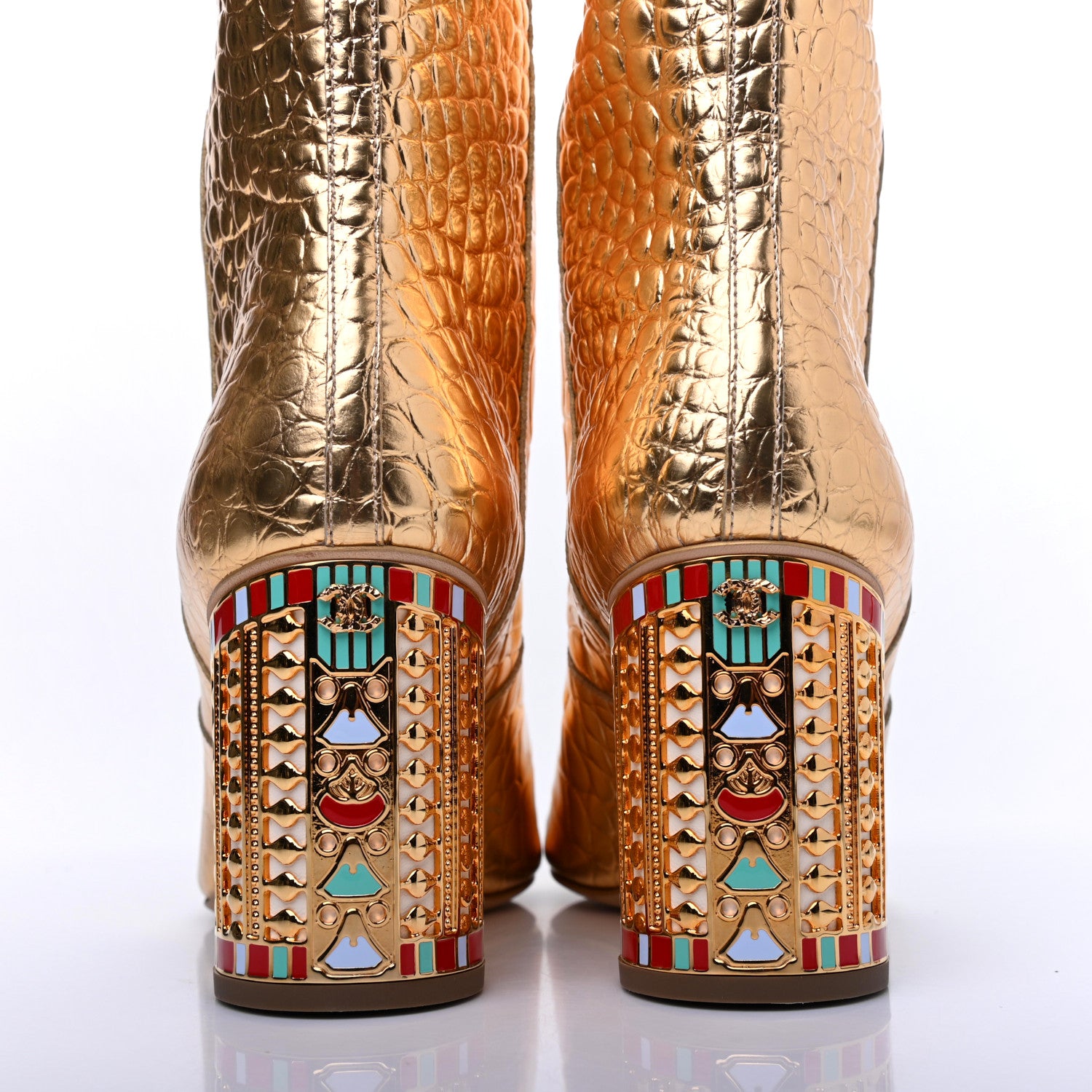 Chanel Calfskin Crocodile Embossed Cap Toe High Boots 38.5 Gold 5 of 11