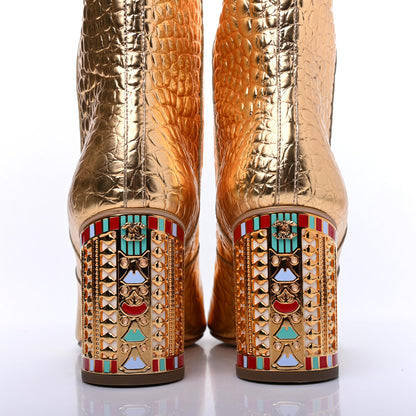 Chanel Calfskin Crocodile Embossed Cap Toe High Boots 38.5 Gold 5 of 11