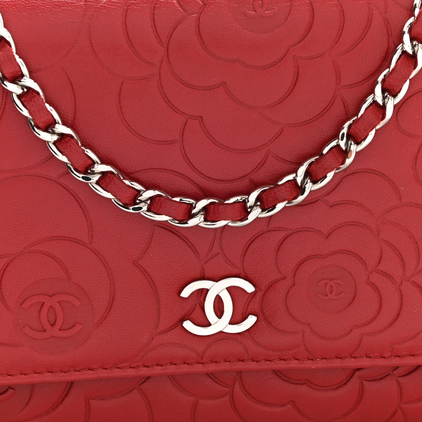 Lambskin Camellia Embossed Wallet On Chain WOC Red
