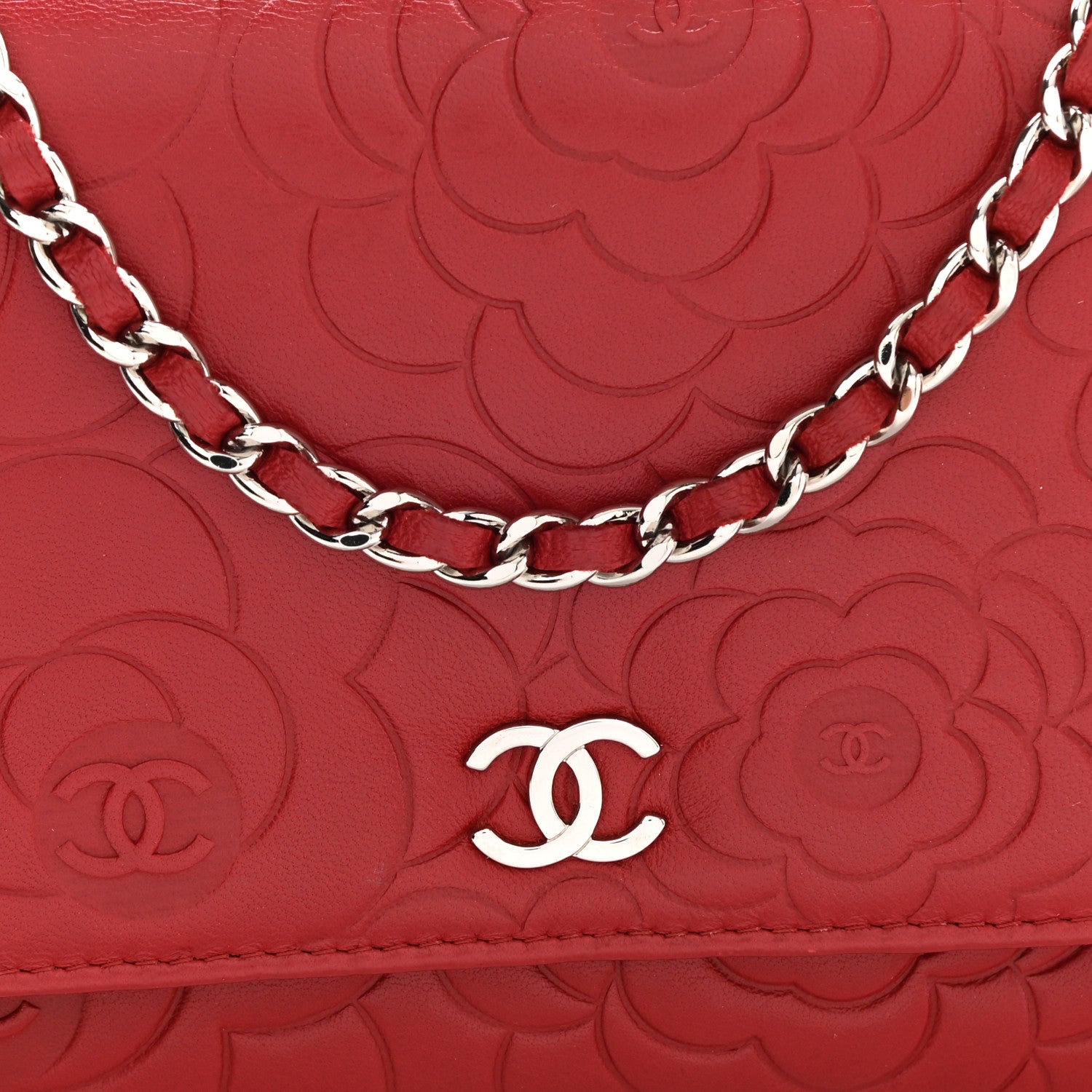 Chanel Lambskin Camellia Embossed Wallet On Chain WOC Red 9 of 12
