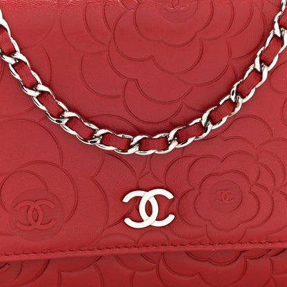 Chanel Lambskin Camellia Embossed Wallet On Chain WOC Red 9 of 12