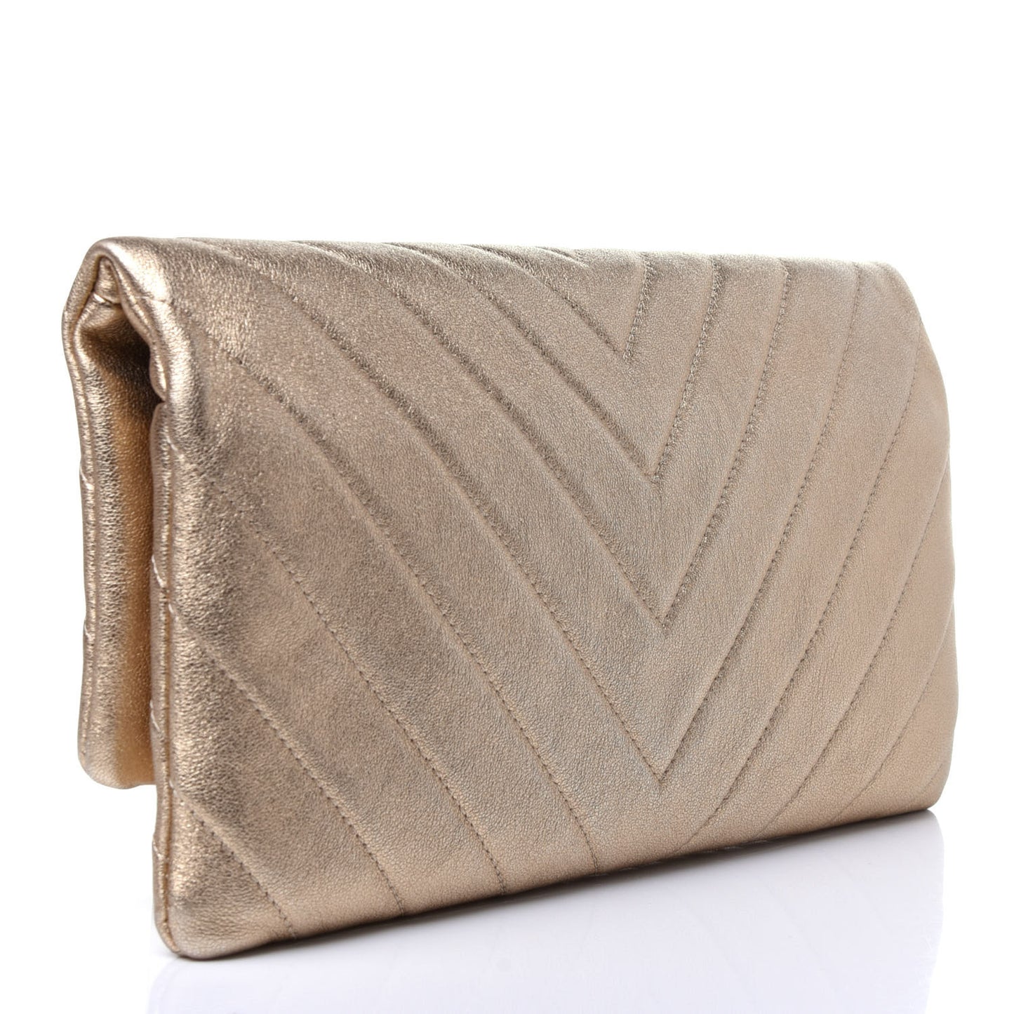 Metallic Calfskin Chevron Quilted CC Beauty Clutch Gold