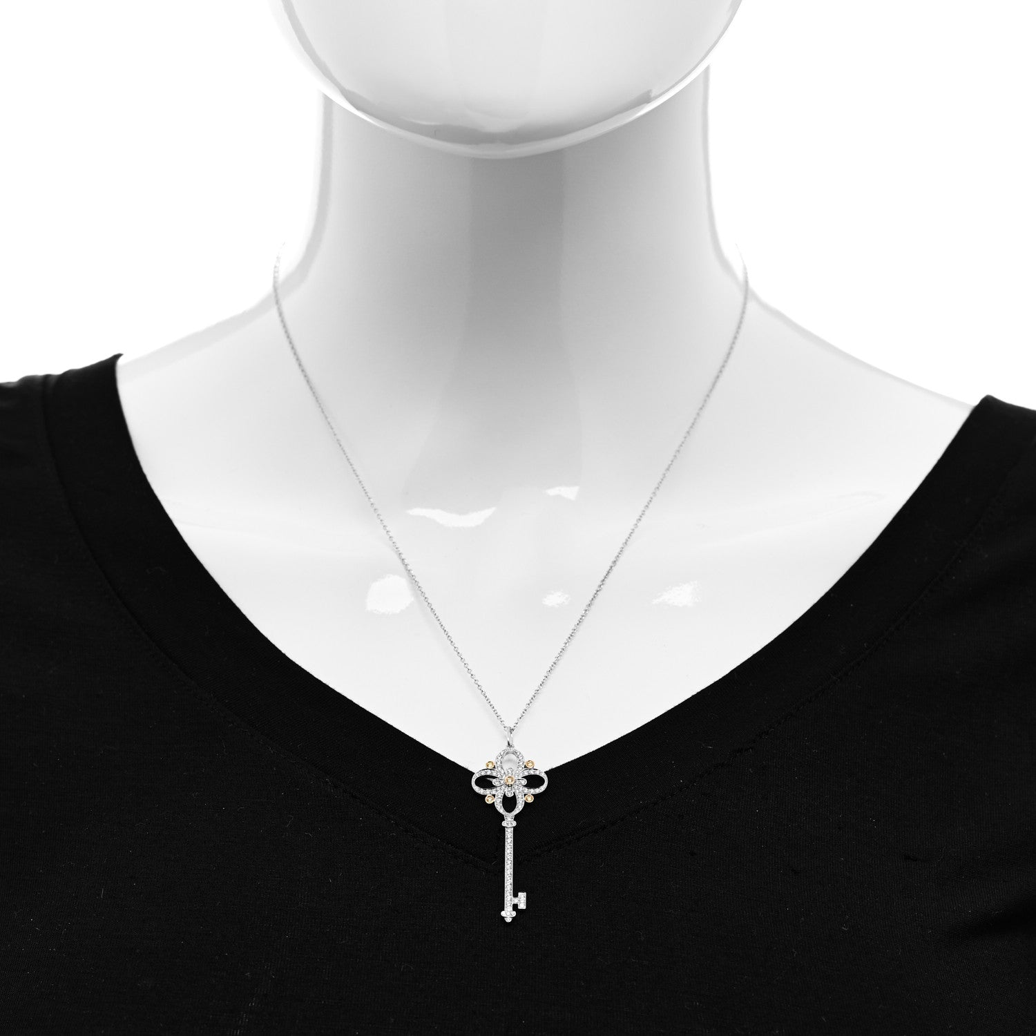 Tiffany Platinum 18K Yellow Gold Diamond Floret Key Pendant Necklace 2 of 6