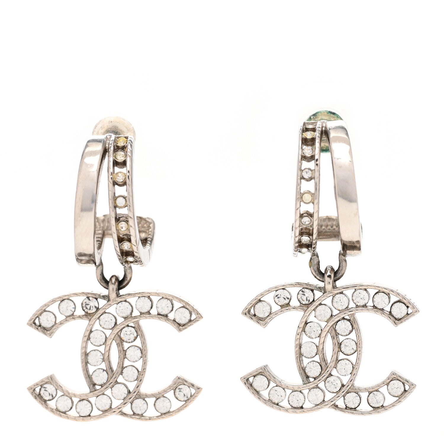 Chanel Crystal CC Hoop Drop Earrings Gold Silver 1 of 4
