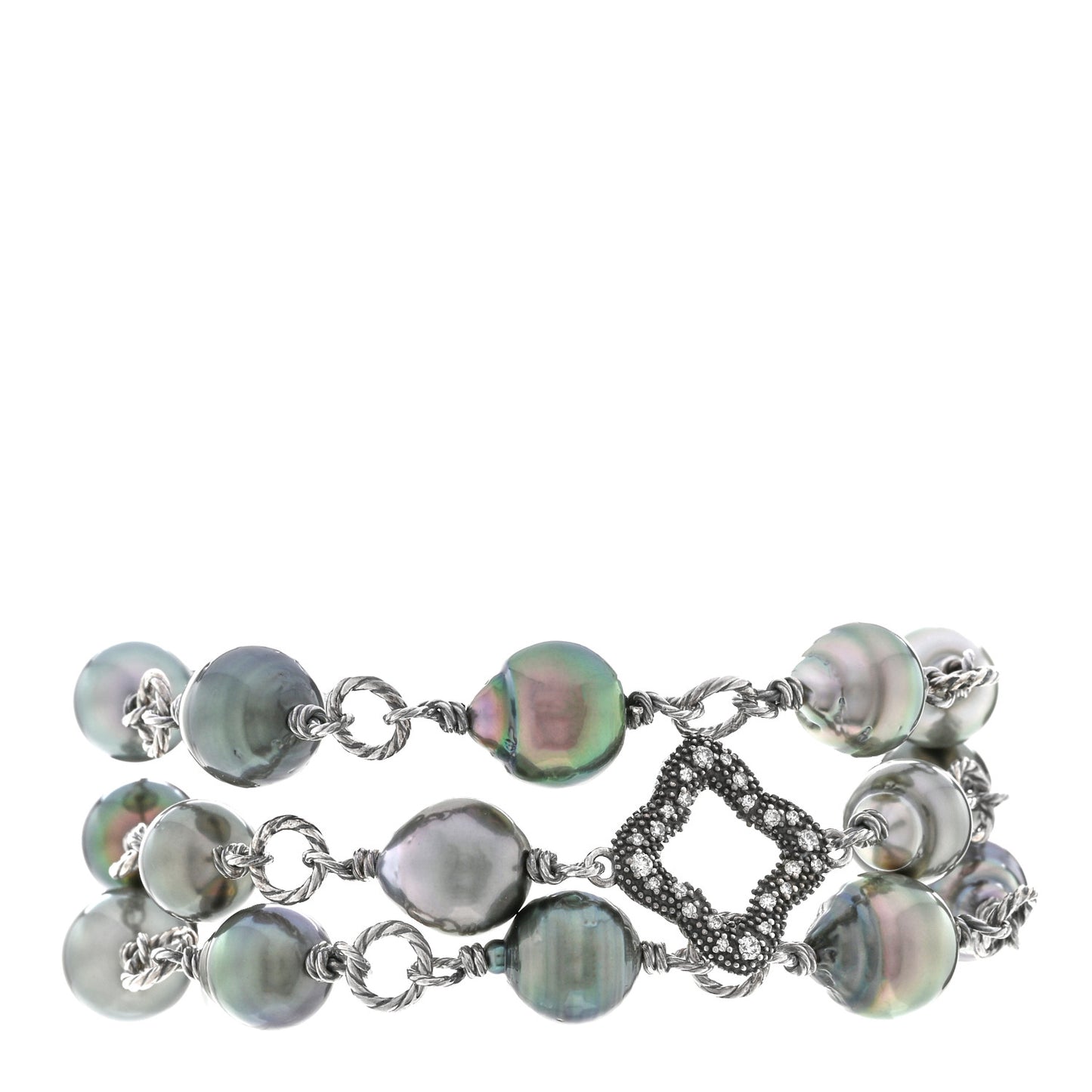 Sterling Silver Diamond Tahitian Cultured Pearl Quatrefoil Mutli Row Bracelet