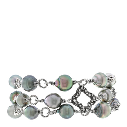 David Yurman Sterling Silver Diamond Tahitian Cultured Pearl Quatrefoil Mutli Row Bracelet 1 of 3