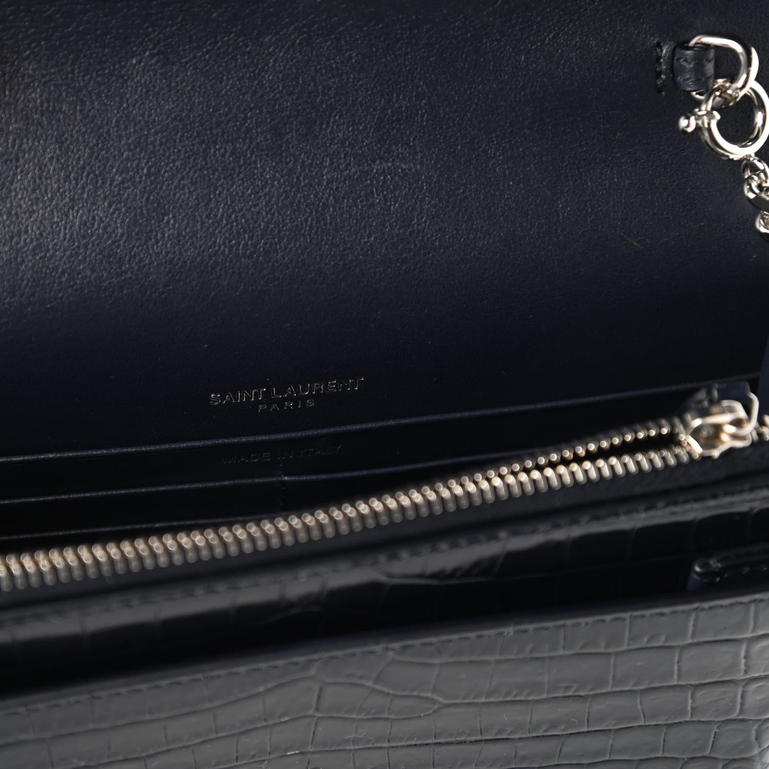 Saint Laurent Calfskin Crocodile Embossed Monogram Sunset Chain Wallet Navy 8 of 10