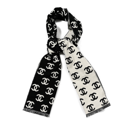 Chanel Wool Cashmere CC Scarf Black White 1 of 3