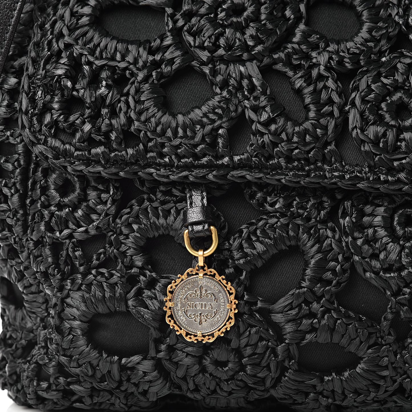 Calfskin Straw Crocheted Large Embroidered Laser Cut Miss Sicily Satchel Black