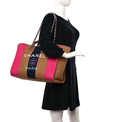 Chanel Straw Raffia Calfskin Striped Large Deauville Tote Dark Beige Fuchsia Navy Blue 2 of 10