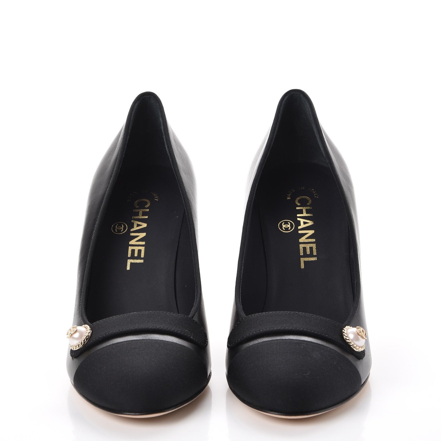 Chanel Lambskin Grosgrain Cap Toe Pearl Pumps 36.5 Black 2 of 9