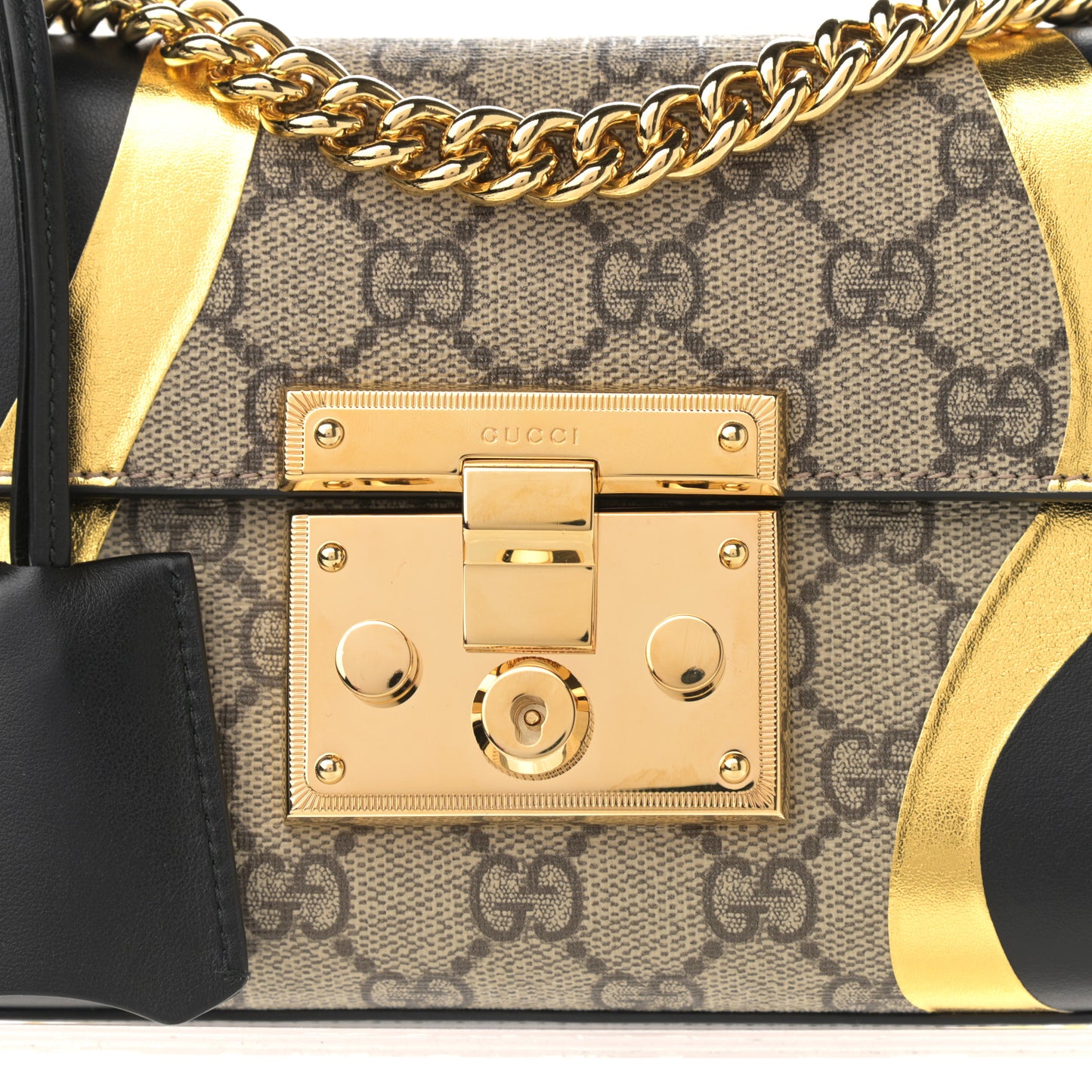 Calfskin GG Supreme Monogram Small Padlock Shoulder Bag Black Gold