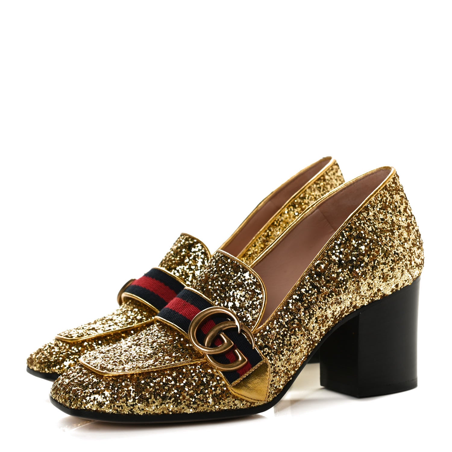 Gucci Glitter Nappa Web Peyton 75mm Loafer Pumps 36.5 Oro Vecchio 4 of 13