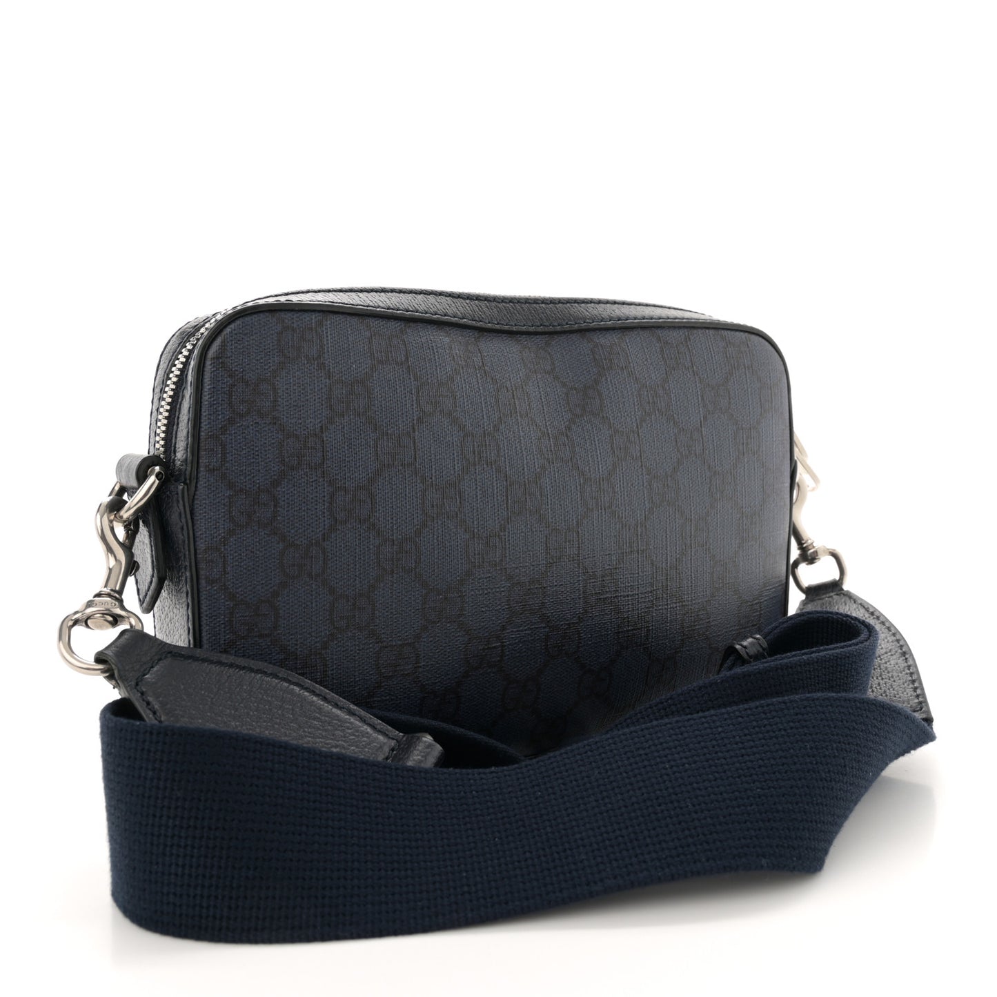 GG Supreme Monogram Textured Dollar Calfskin Web Ophidia Wristlet Shoulder Bag Blue Black Graphite Blue
