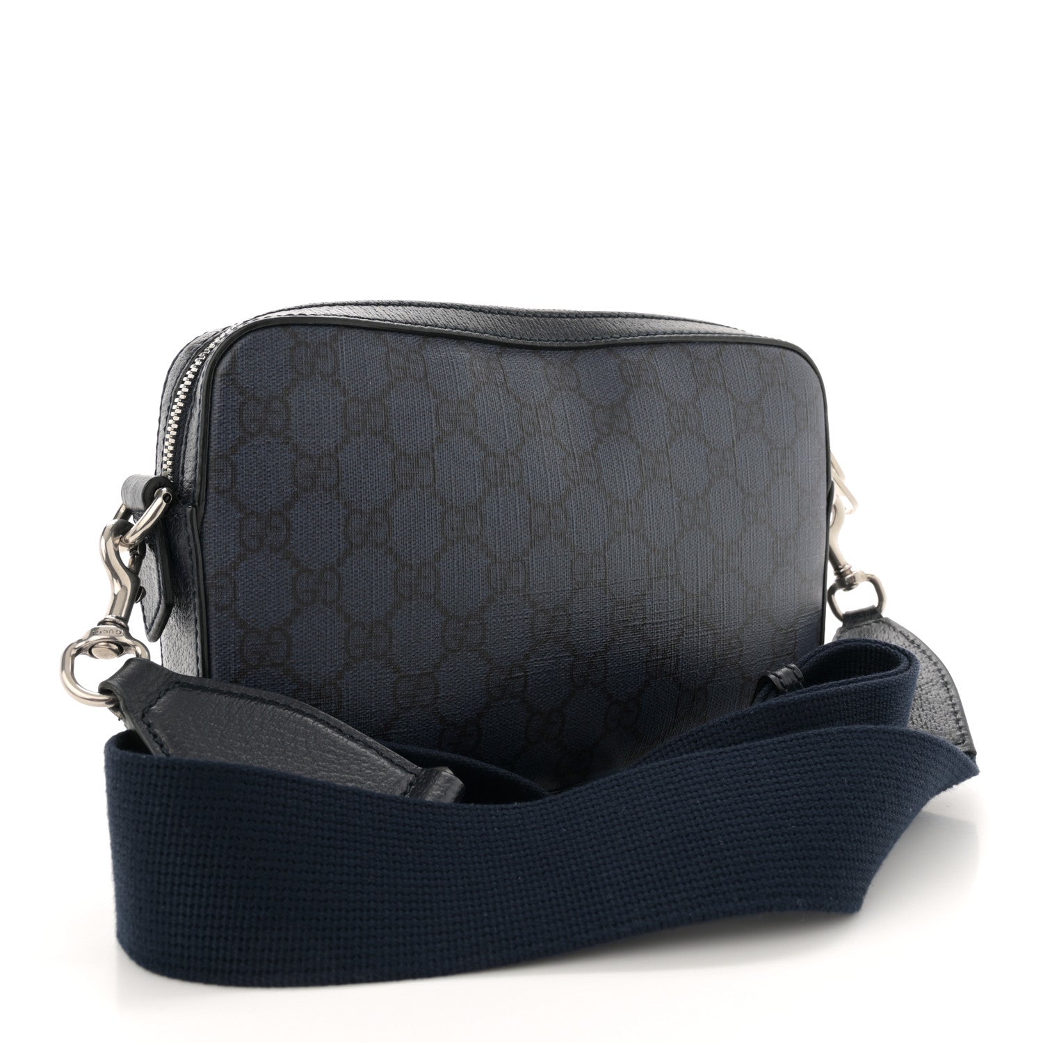 Gucci GG Supreme Monogram Textured Dollar Calfskin Web Ophidia Wristlet Shoulder Bag Blue Black Graphite Blue 2 of 13