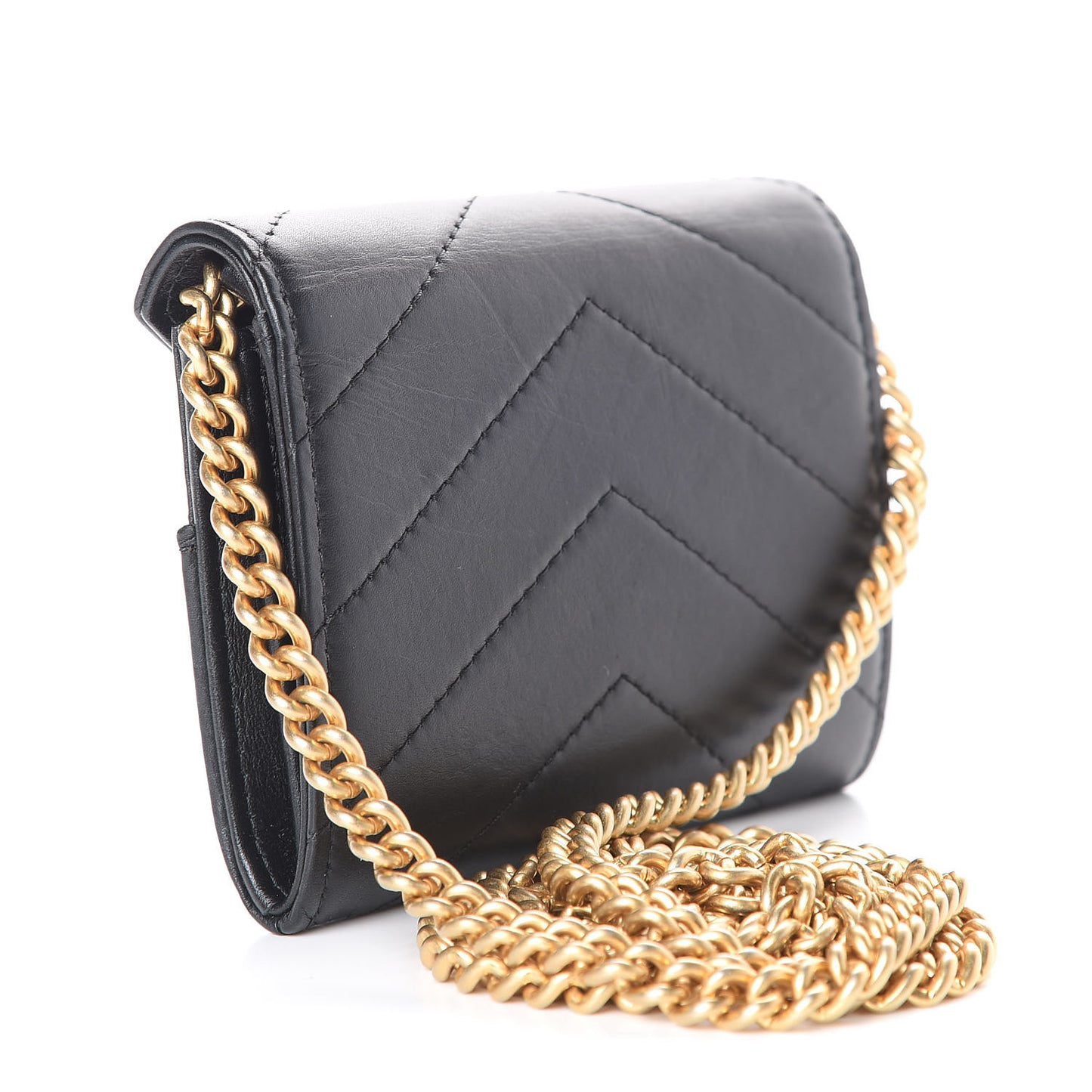 Snakeskin Calfskin Embossed Chevron Quilted CC Chain Wallet Black