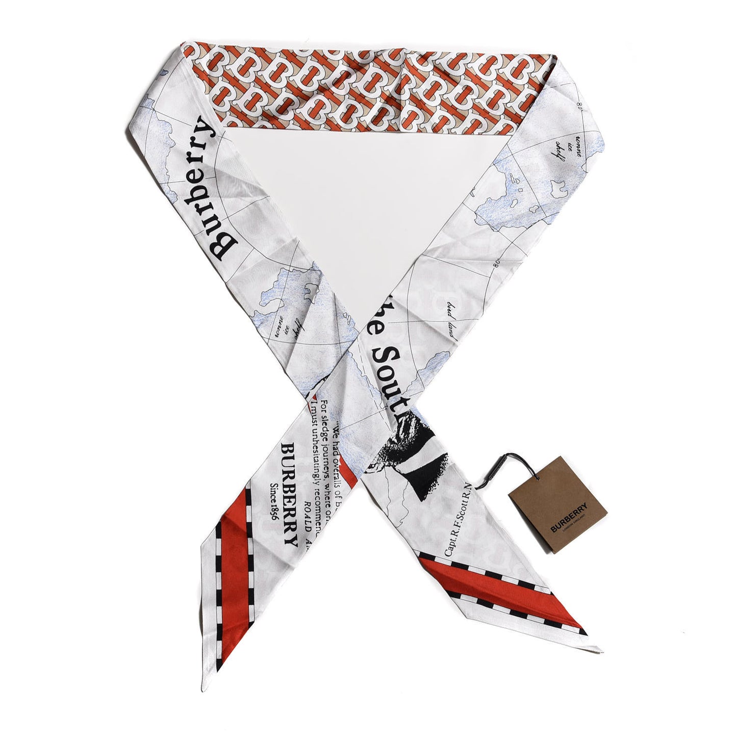Silk TB Monogram Print Explorer Ribbon Scarf Vermillion