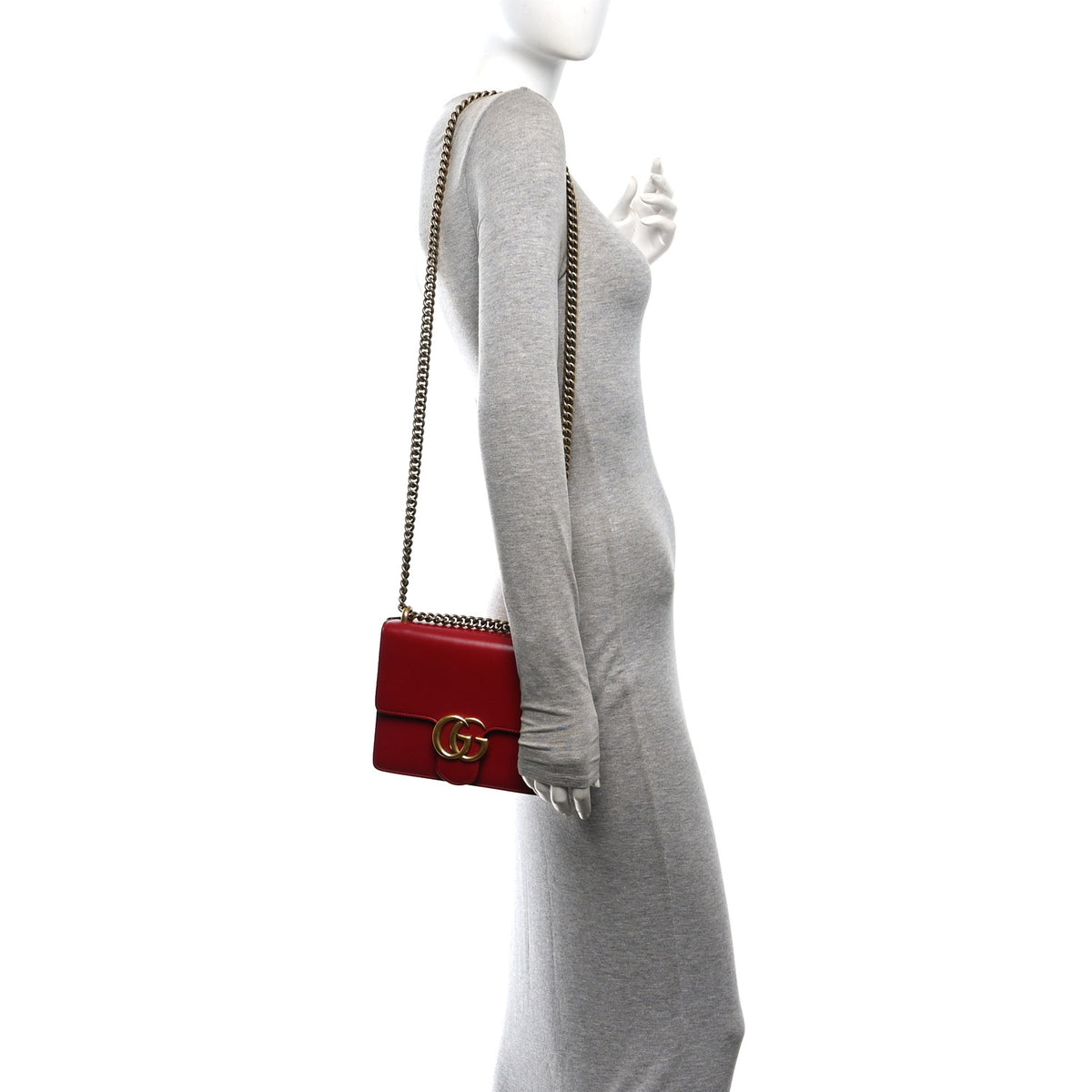 Knight Calfskin Small GG Marmont Chain Handle Bag Hibiscus Red