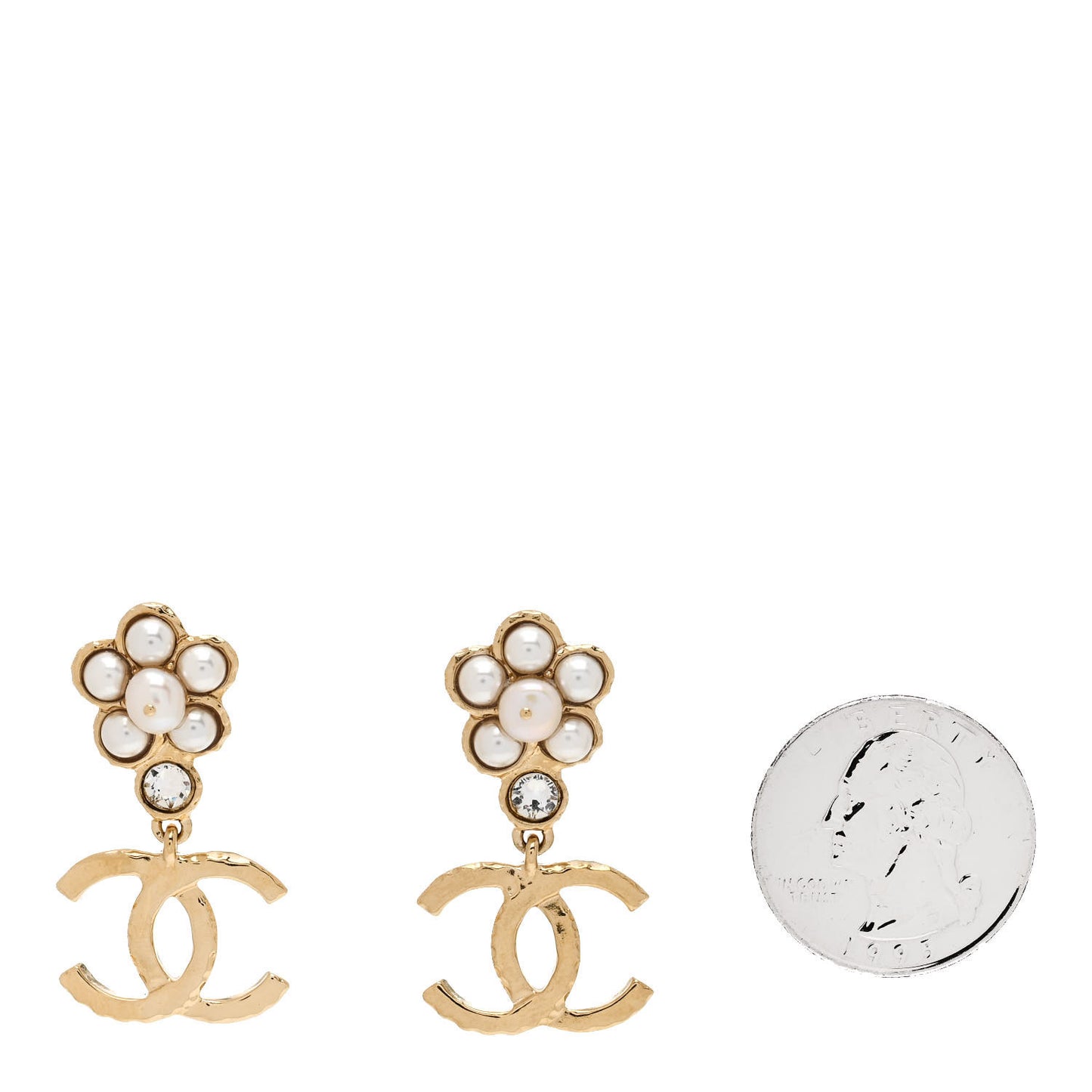 Pearl Crystal CC Flower Drop Earrings Gold White