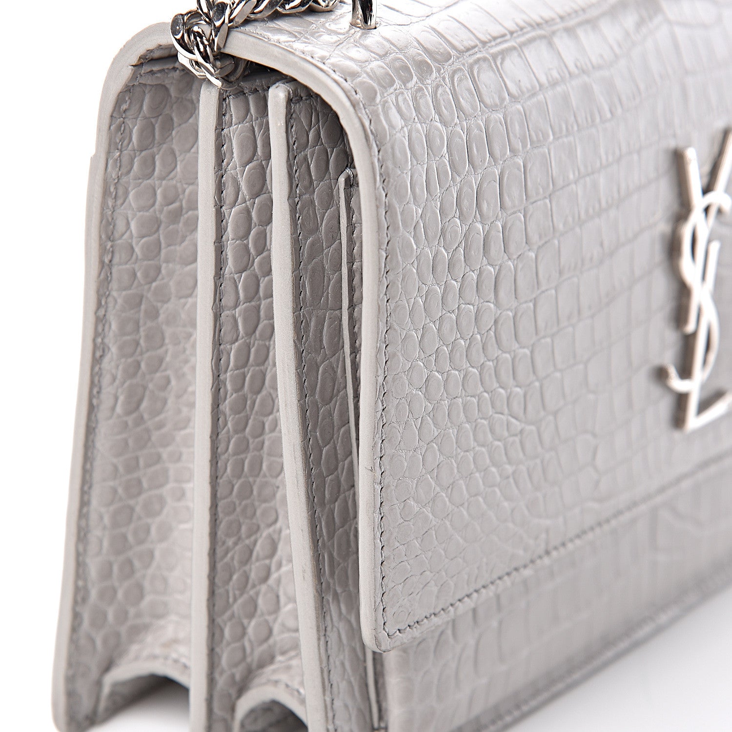 Saint Laurent Calfskin Crocodile Embossed Medium Monogram Sunset Mouse Grey 8 of 13