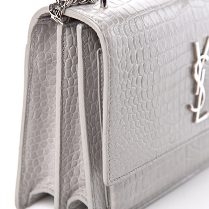 Saint Laurent Calfskin Crocodile Embossed Medium Monogram Sunset Mouse Grey 8 of 13