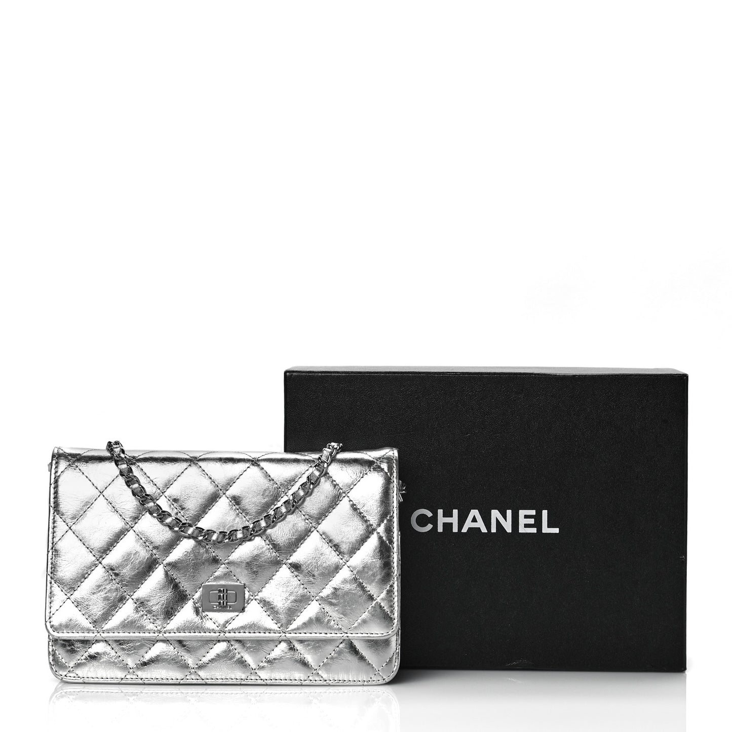 Metallic Aged Calfskin Quilted Reissue Wallet On Chain WOC Silver