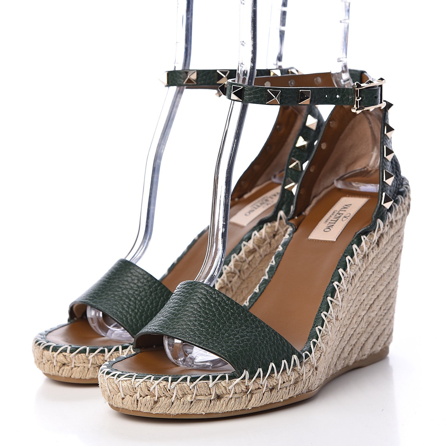 Valentino Garavani Grained Calfskin Rockstud Ankle Strap Espadrille 15/105mm Wedge Sandals 38 Army Green Natural 4 of 12