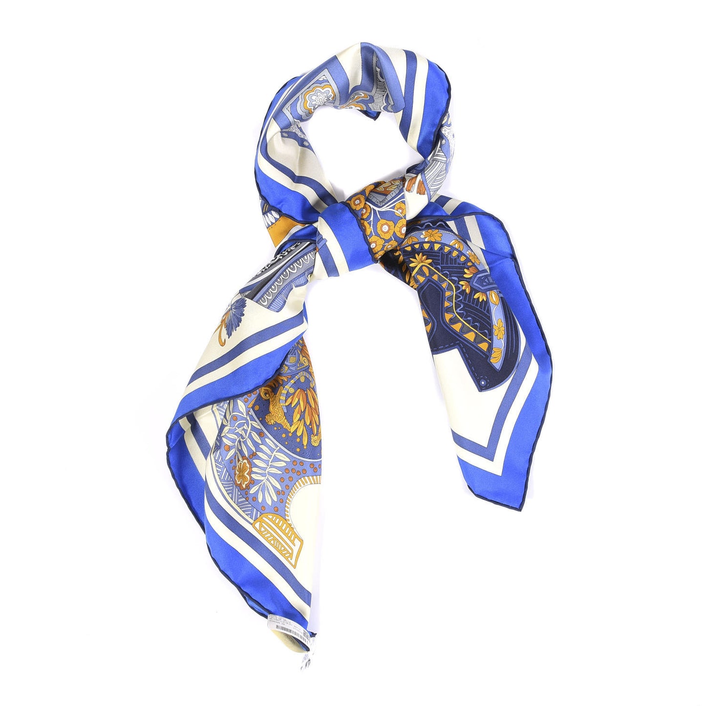 Silk Tapis De Selle Scarf 90 Vanille Bleu Royal Gold