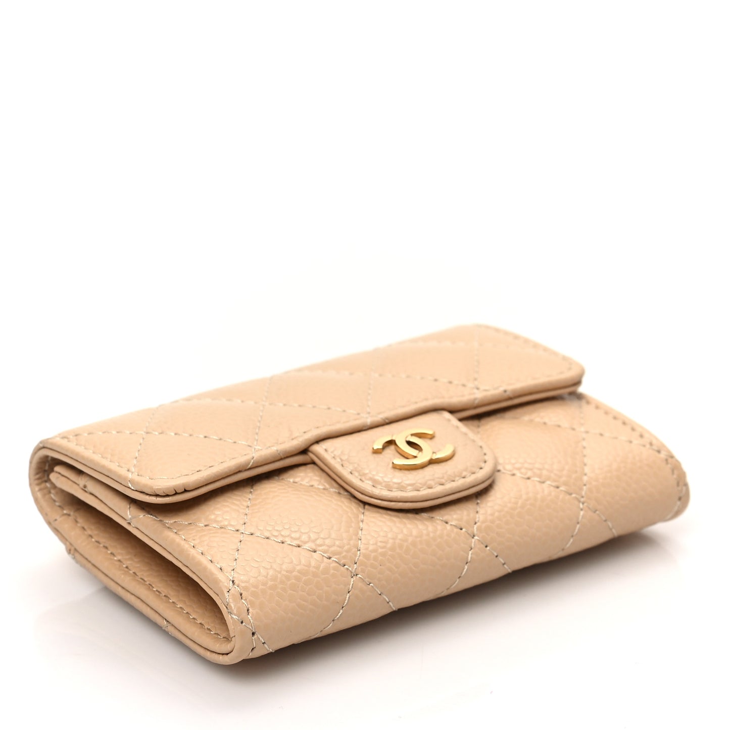 Caviar Quilted Flap Card Holder Wallet Beige