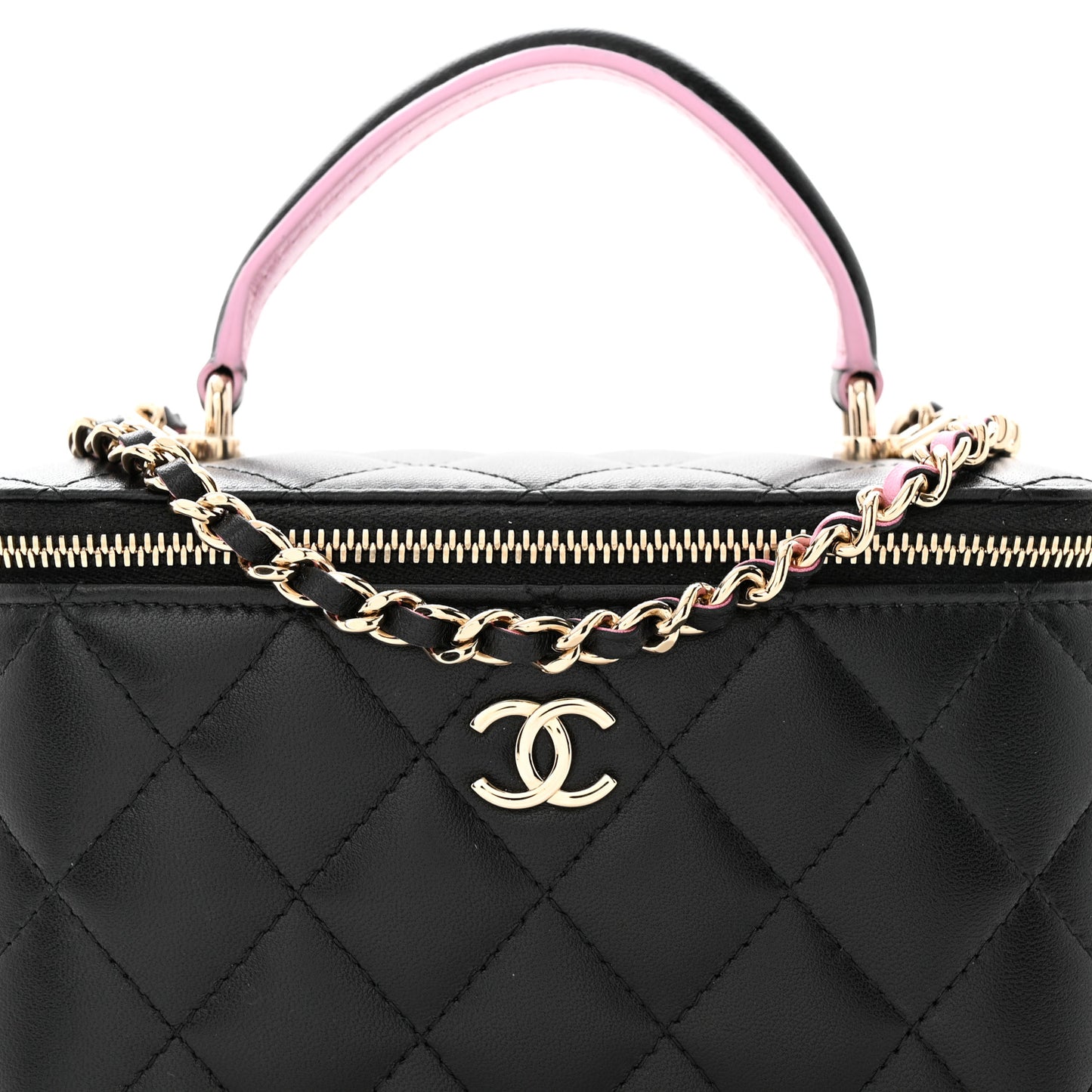 Lambskin Quilted Small Top Handle Vanity Case With Chain Black Lilac