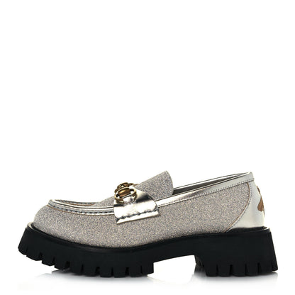 Gucci Mini Diamond Storm Silk Calfskin Womens Harald Horsebit 25mm Platform Loafers 36.5 Silver 1 of 11