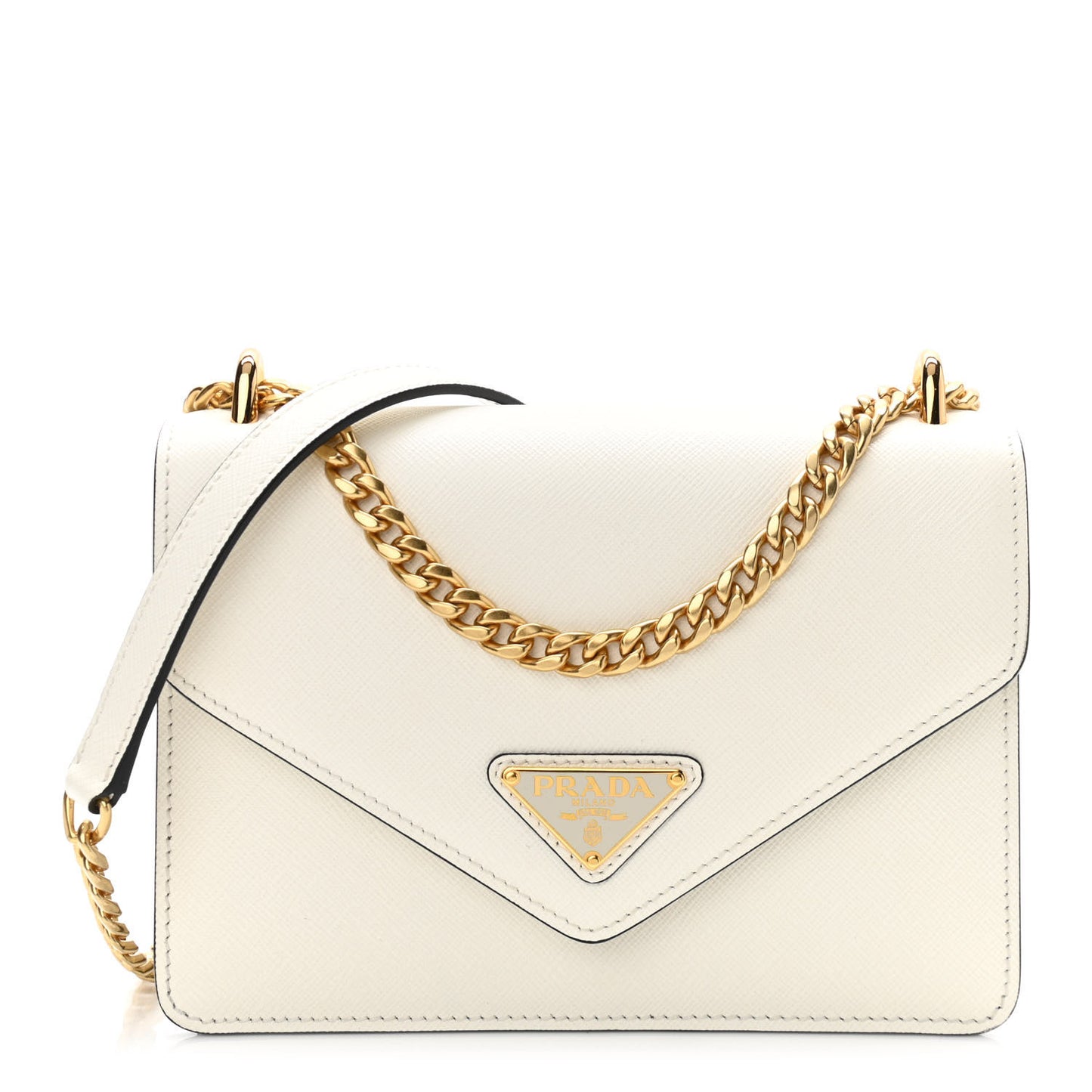 Saffiano Soft Calfskin Metal Triangle Logo Envelope Chain Shoulder Bag White