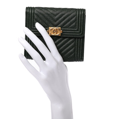 Chanel Metallic Caviar Chevron Quilted Boy Flap Card Holder Green 2 of 7