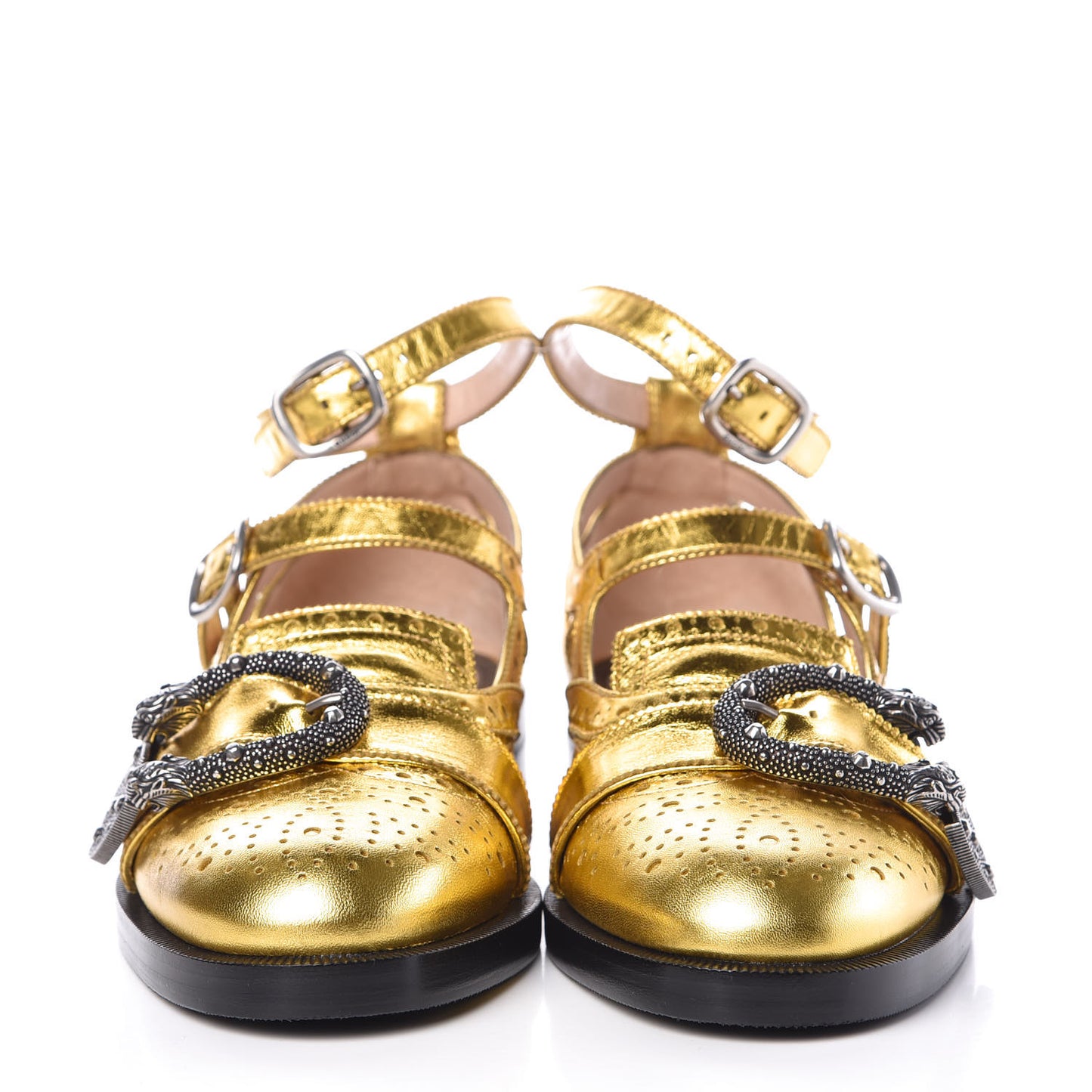 Metallic Nappa Bee Embroidered Womens Queercore Brogue Wingtip Monk Strap Loafers 38 Gold