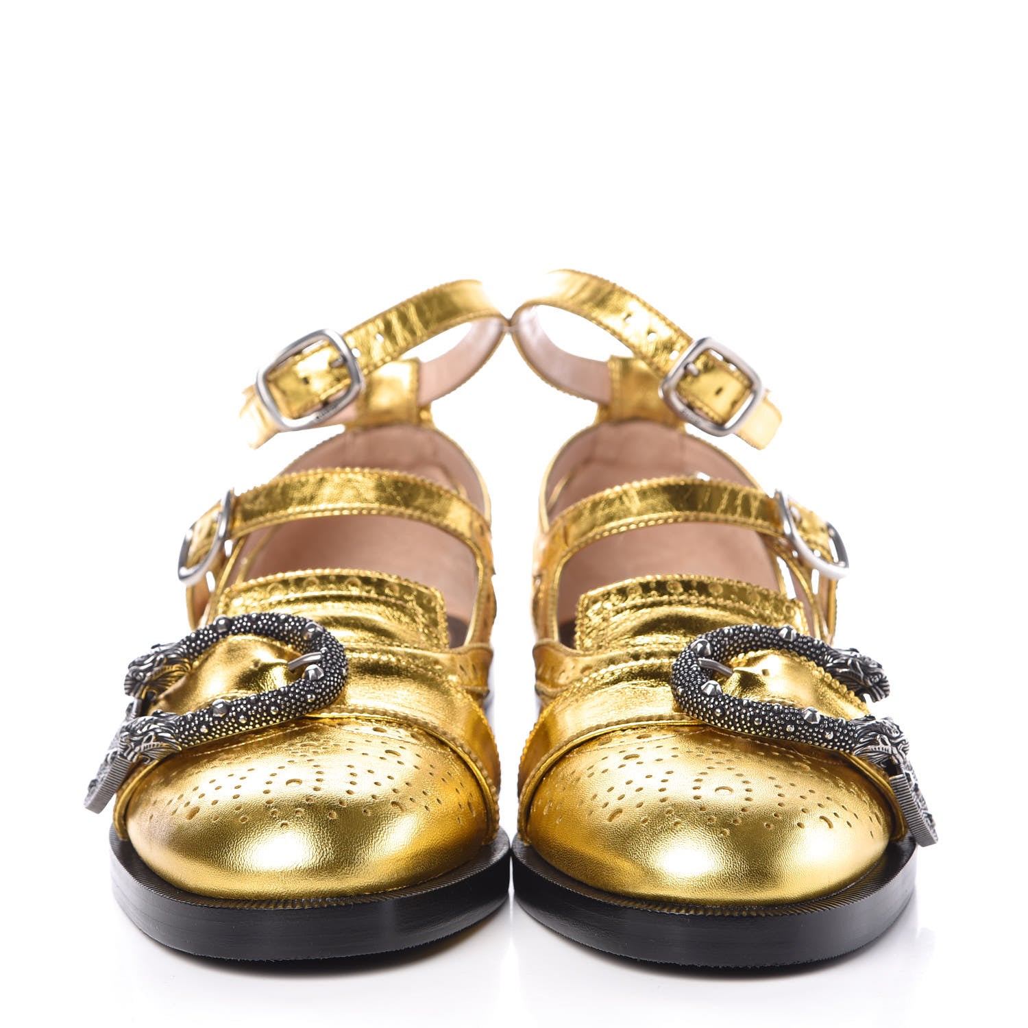 Gucci Metallic Nappa Bee Embroidered Womens Queercore Brogue Wingtip Monk Strap Loafers 38 Gold 2 of 9