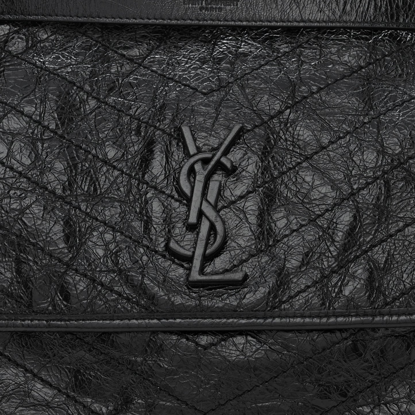 Crinkled Calfskin Matelasse Monogram Large Niki Chain Satchel Black