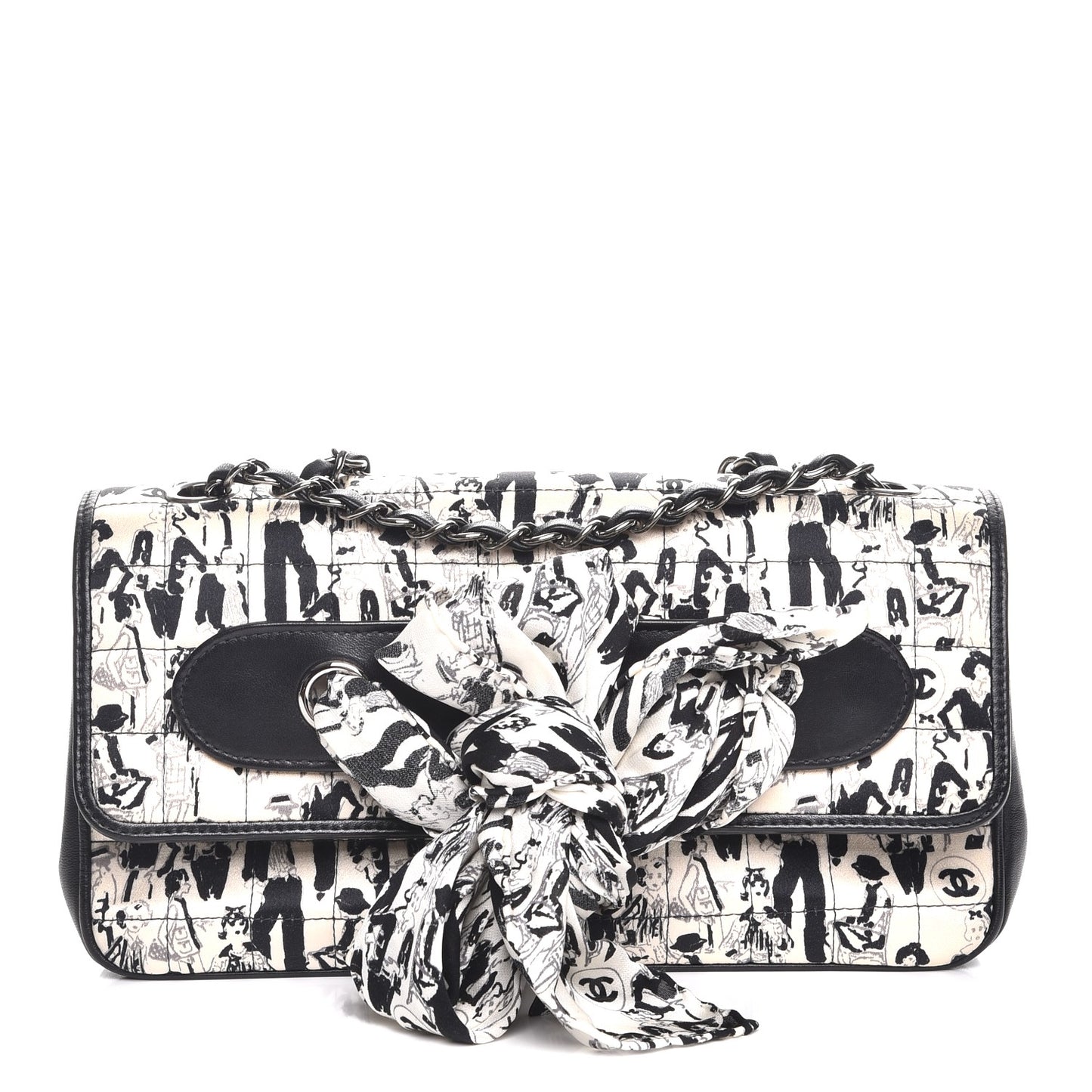 Silk Lambskin Coco Mademoiselle Scarf Flap Bag White Black