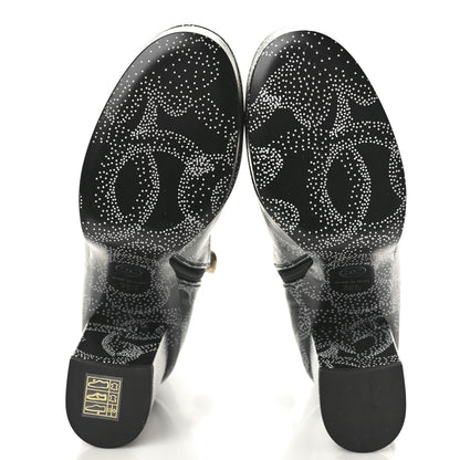 Chanel Calfskin Camellia Printed Ankle Boots 38.5 Black White 7 of 11
