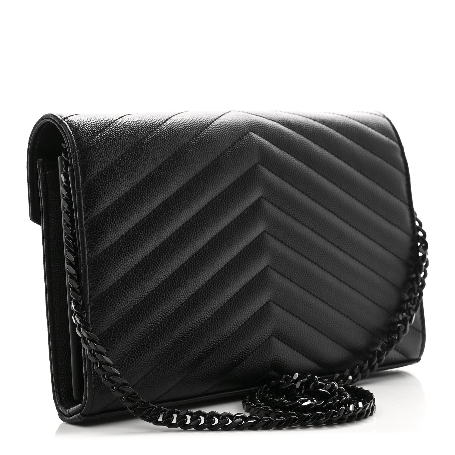 Saint Laurent Grain De Poudre Matelasse Chevron Monogram Monochrome Chain Wallet Black 3 of 12